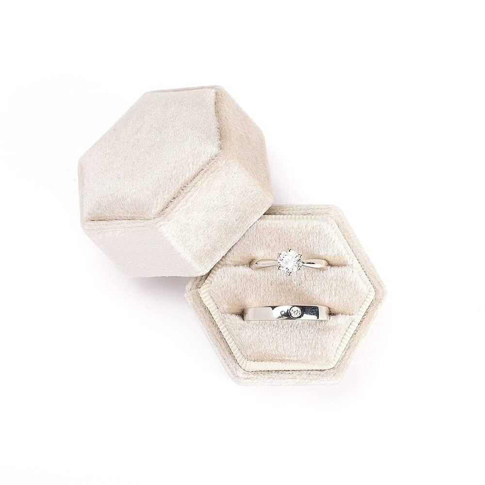 Velvet Jewelry Ring Box, Hexagon Premium Gorgeous Vintage Double Ring